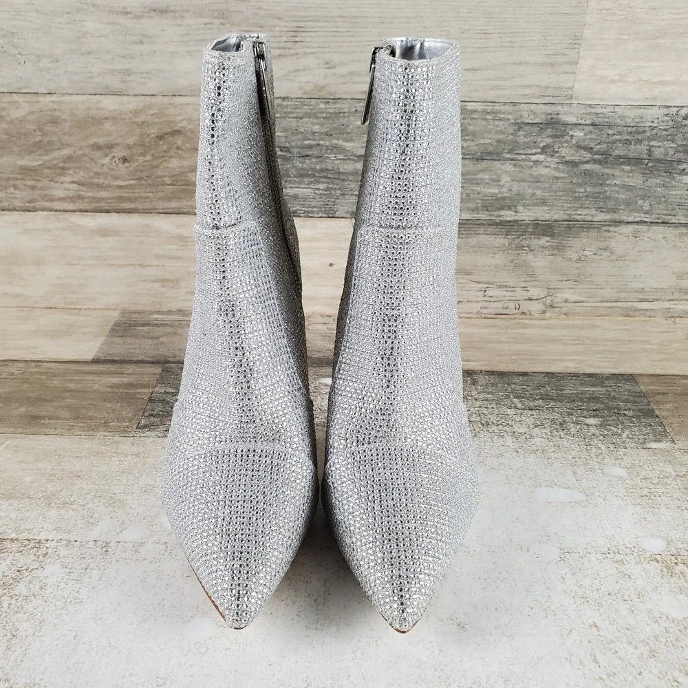 Michael Kors Rue Bootie Womens Sz 6 M Silver Rhinestone Pointy Toe Stiletto Heel